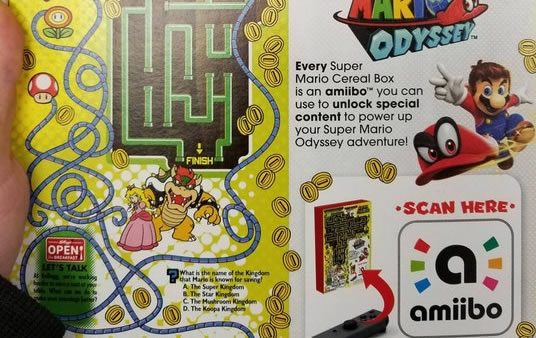 Super Mario Cereal found in the wild. Amiibo built into the box